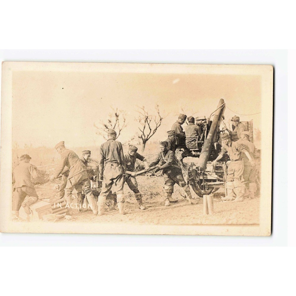 Vintage WWI Artillery Crew In Action Real Photo Postcard RPPC AZO 1904-1918